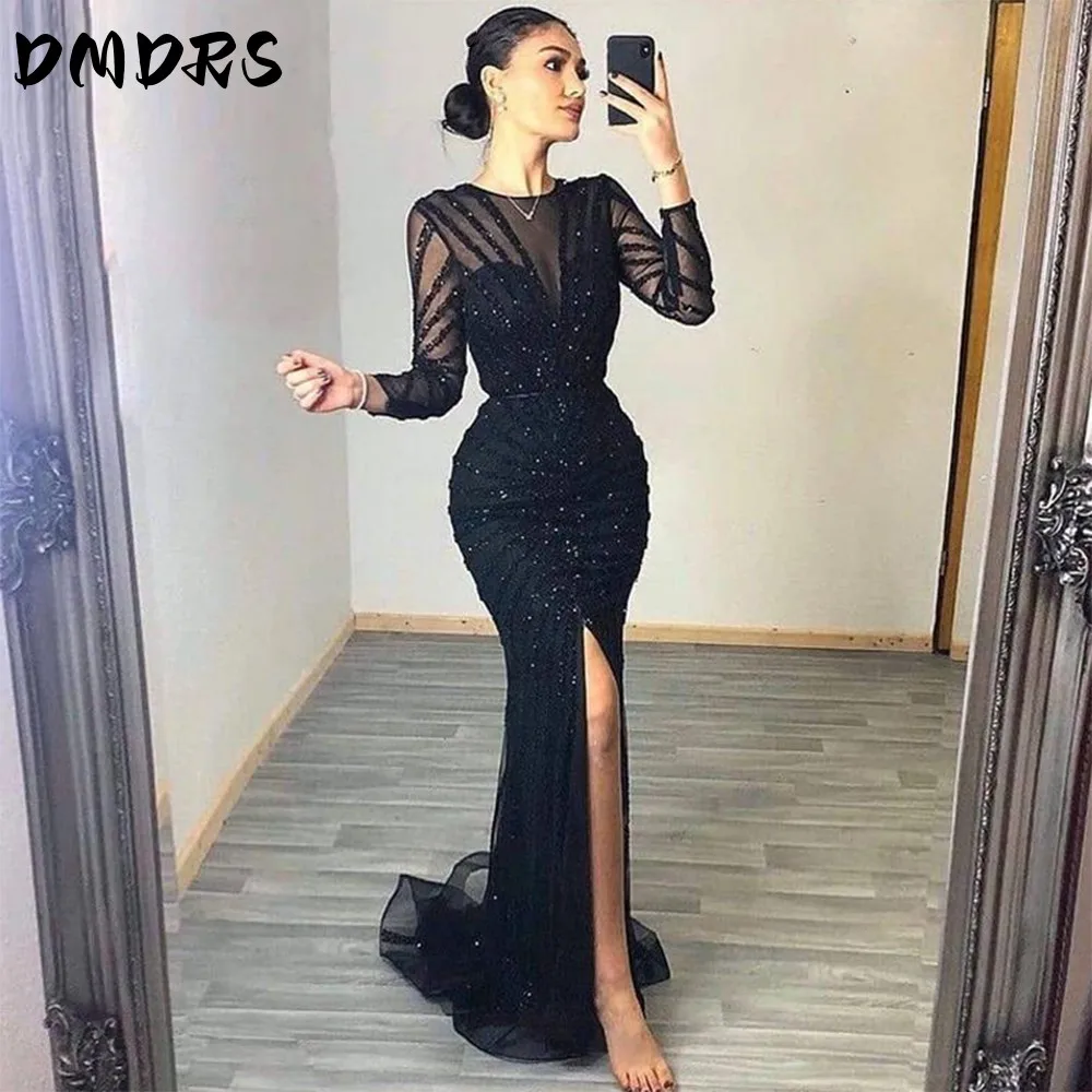 

Sexy Mermaid Evening Dresses Long Luxury Dubai Side Split Long Sleeve Beads Sequins Formal Evening Party Dress
