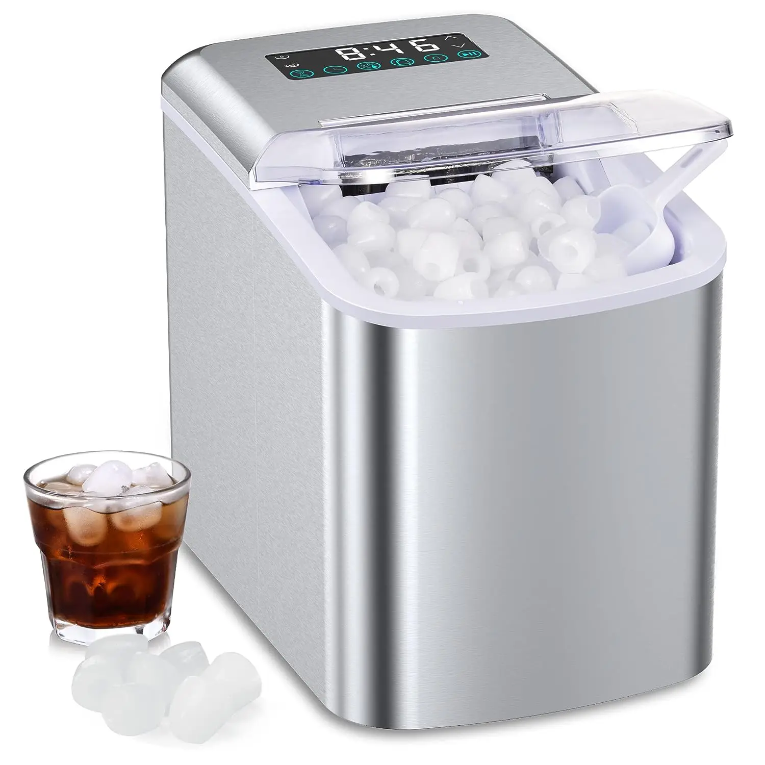 

Ice Maker Countertop, 10 Ice Cube in 8 Mins, Smart Touch Control LED Panel, Time Reservation & Countdown, Self-Cleaning, 2 S