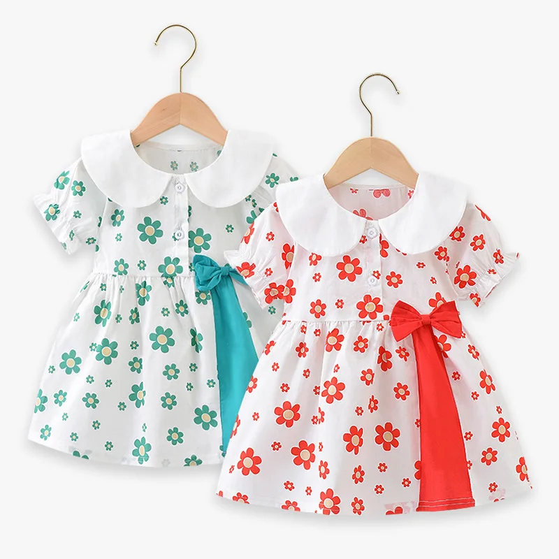 Summer baby dress cotton baby dress simple girl home dress printed baby dress casual children's bow dress dress 0-4 years old