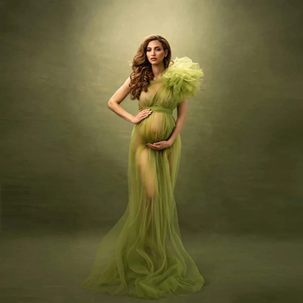 Elegant Army Green Tulle Maternity Dresses For Photography Pretty One Shoulder Soft Mesh Pregnancy Gowns See Thru Floral Dress