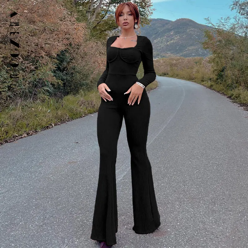BoozRey Fall Outfits Women Pit Strip Jumpsuit Square Neck Ribbed Long Sleeve Clothes for Women Jumpsuits Pleated Flared Pants