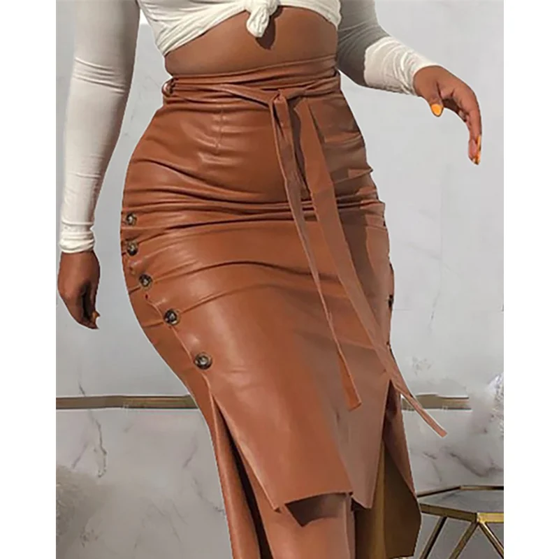 

PU Leather Slit Tied Detail Ruched Buttoned Skirt Women Sexy Bandage Slim Fit Belt High Waist Bodycon Skirt Clubwear