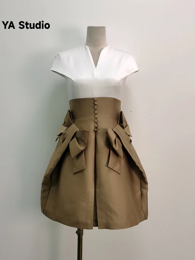 

[YA Studio] Women's Dress V-neck Short Sleeve Patchwork Contrast Color Bow High Waist Fashion Female Dresses Summer 2023 New