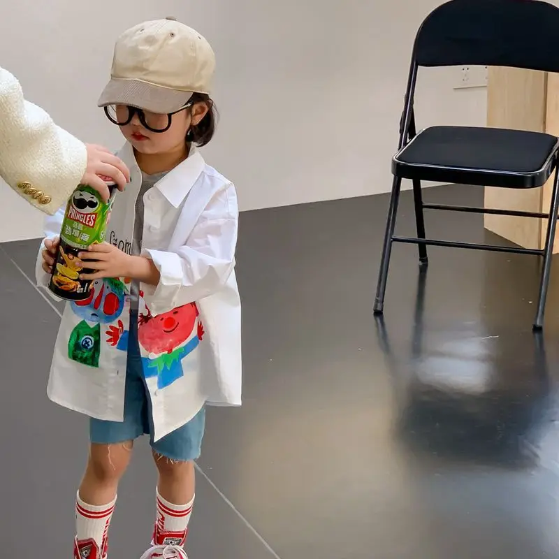 

Весна 2023, корейский Свободный Повседневный креативный топ с принтом граффити для девочек, рубашка, пальто 5-26