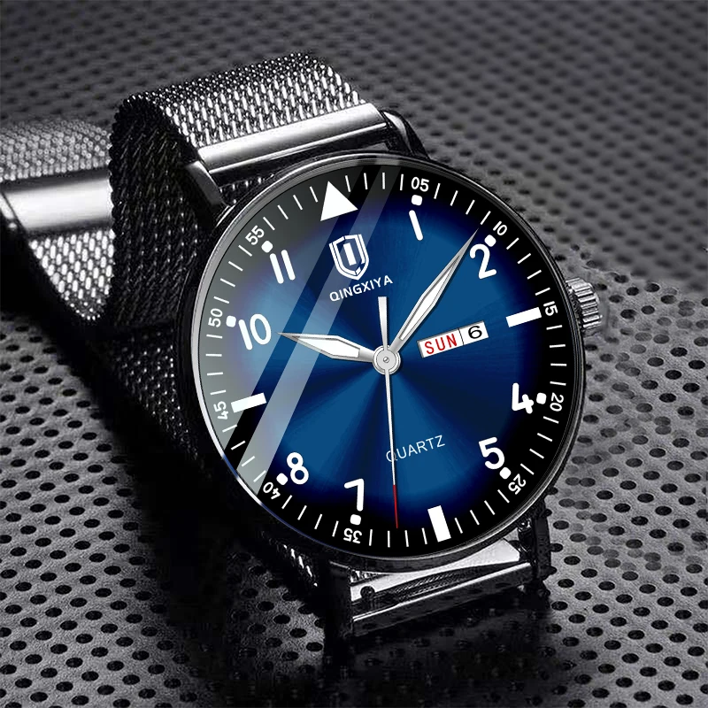 

QINGXIYA Mens Fashion Watches Ultra Thin Stainless Steel Mesh Belt Quartz Wrist Watch Men Business Luminous Watch Montre Homme