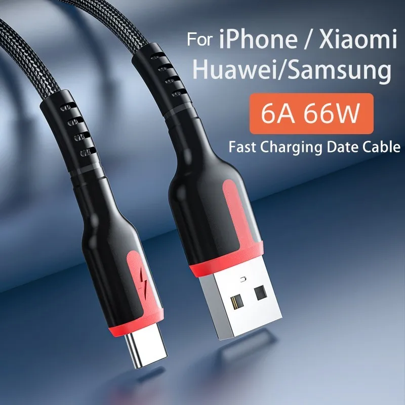 66W USB Type C Cable 6A Fast Charging Wire for Huawei Xiaomi Samsung Micro USB Fast Charing Data Cord Charger Cable for iPhone