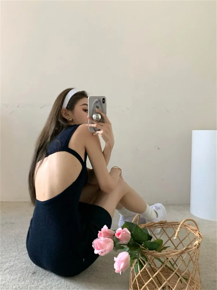 

New Sexy Summer Backless Mini Dress Sleeveless Retro Blue Navy Slim Bodycon Mini Dress Small Girl Chic Pencil Club Party Dress