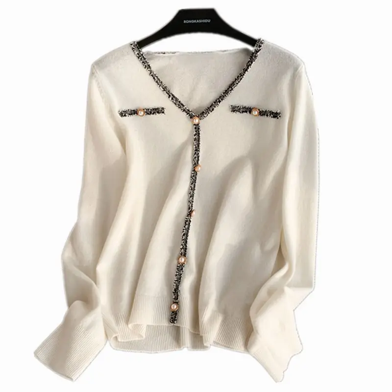 Женская трикотажная футболка с V-образным вырезом и длинным рукавом