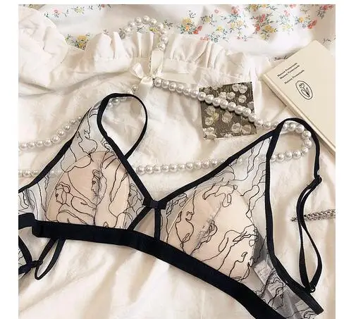 

Sexy triangle cup bralette no steel ring thin gather brassiere big chest show small embroidery hollow sexy underwear lingerie