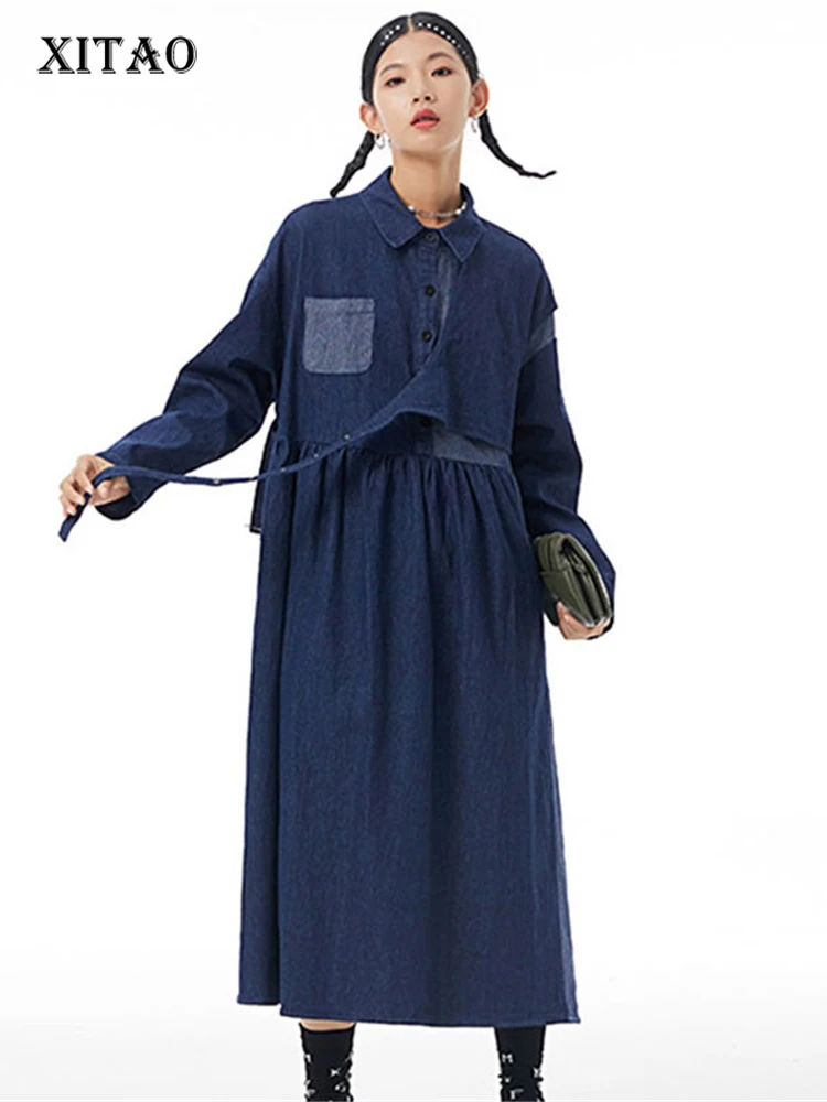 XITAO Irregular Denim Patchwork Dress Loose Pleated Splicing Big Hem Fashion Street Trendy Large Size Women Women WMD3563