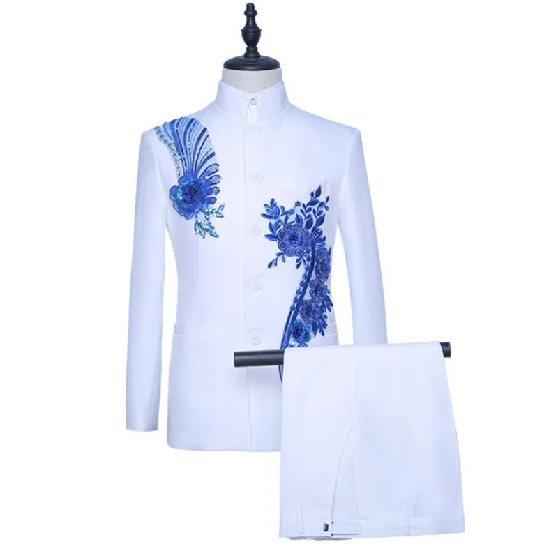 

Applique sequins blazer men groom suit set with pants mens wedding suits embroidered youth singer stage clothing formal dress
