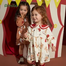 Amila Baby Dress 2022 Autumn New Academic Style Long Sleeves A-line Dresses for Girls Cute Cartoon Print Childrens Clothes