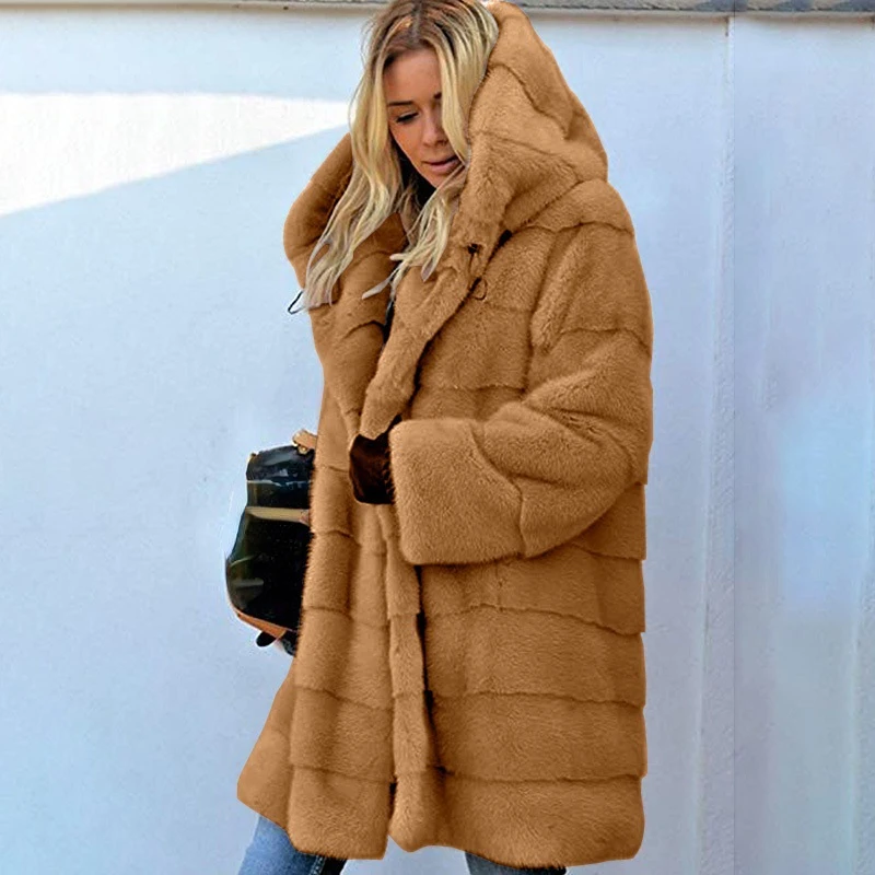 Med Long Solid Loose Large Size 10XL Warm Hooded Coat Imitation Faux Fur Coat Autumn and Winter Fashion Chamarras Para Mujer