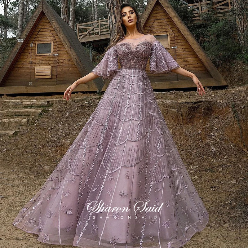 

Luxury Crystal Pink Evening Dresses 2022 Dubai Flare Sleeve Burgundy Arabic Plus Size Formal Dress for Women Wedding Party SS057