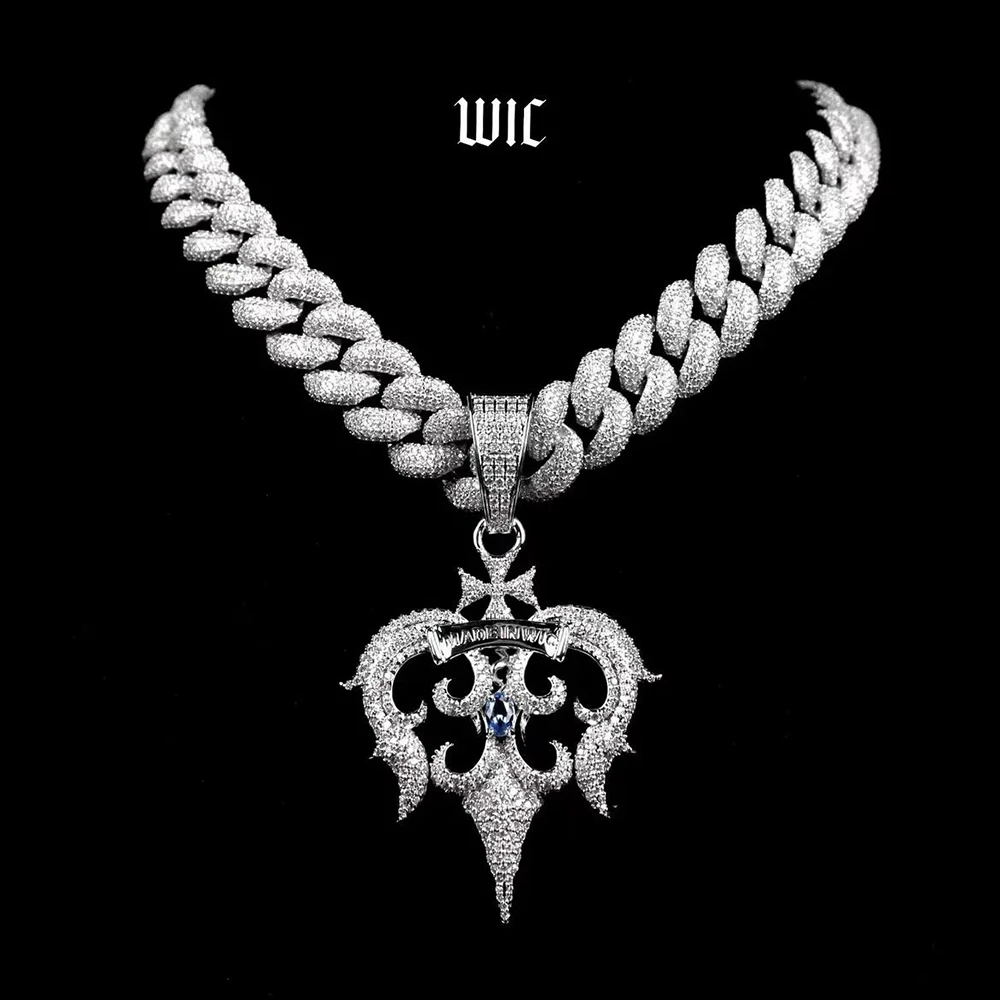 

WIC Poseidon Trident Necklace Full Zircon Fashion Jewelry 3D Effect Zircon Pendant Hip Hop Necklaces Gift for Friend Boyfriend