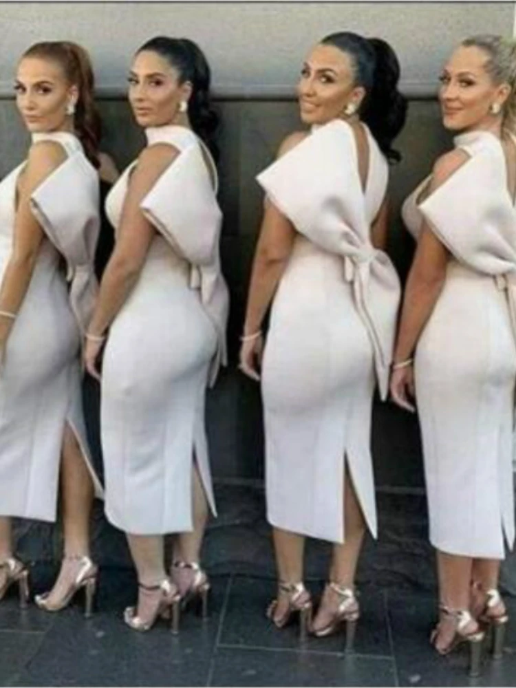 

Сексуальное женское белое платье вечерние с большим бантом на спине, платье без рукавов для подружки невесты, Клубное облегающее платье для...