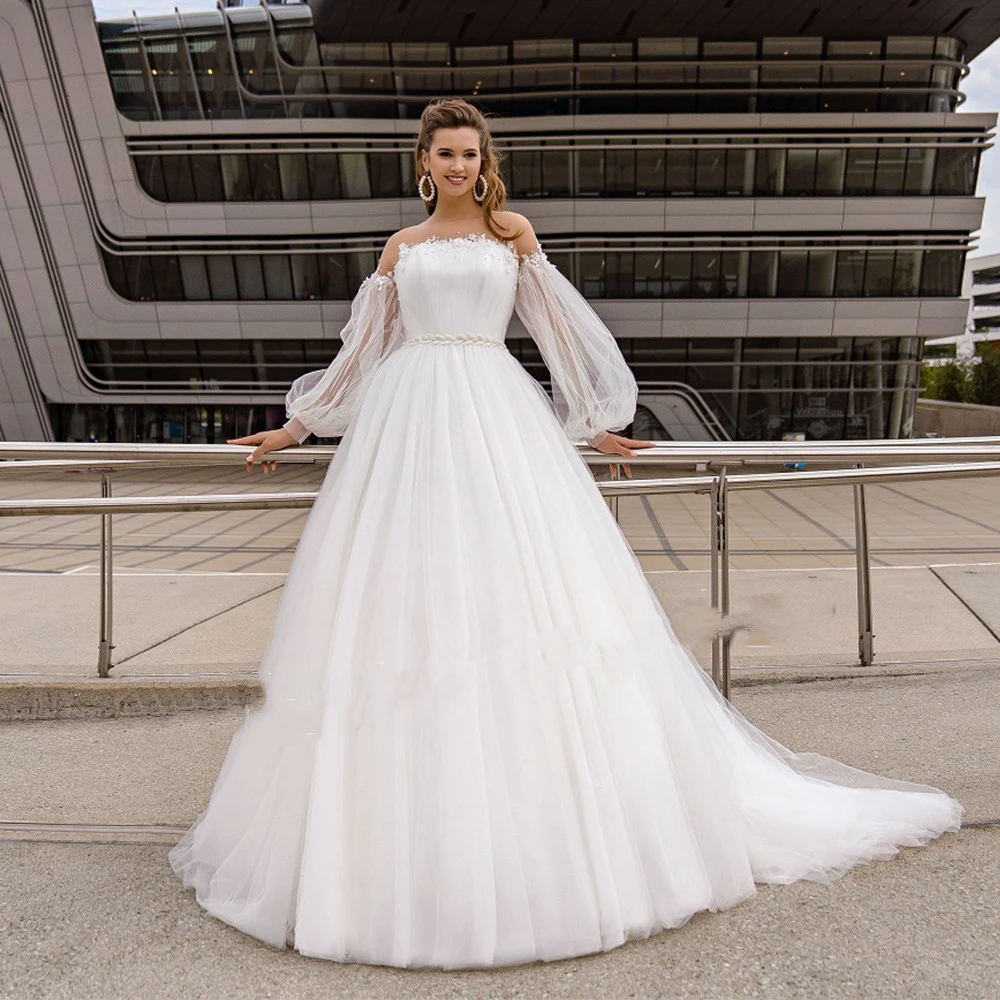 

Женское пляжное свадебное платье, элегантное белое кружевное платье со шлейфом и рукавами-фонариками, 2022