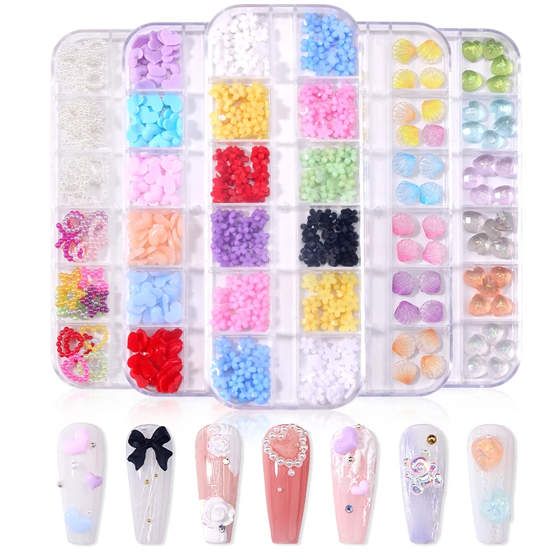 

12 Grid 3D Acrylic Aurora Bear Bow Nail Parts Resin Flower Charm Kawaii Professional Nail Art Jewelry Combination Set