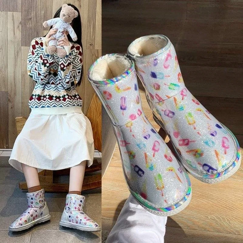 

Ice Cream Fur Snow Boots Waterproof PU Leather Ankle Botas Women Warm Plush Slip On Booties Ladies Winter Fashion Anti-skid Shoe