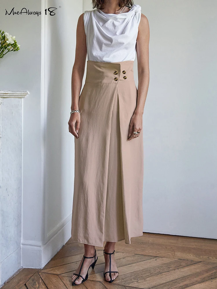 

Mnealways18 Khaki Midi Skirt For Women Cotton Office Elegant High Waist Button Chic Drape Skirts All-Match Summer Mid-Calf Skirt