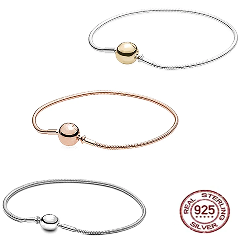 

Personalized 925 Sterling Silver Smooth Rose Gold Snake Bone Bracelet DIY Beaded Pendant Round Head Buckle Fashion Bracelet