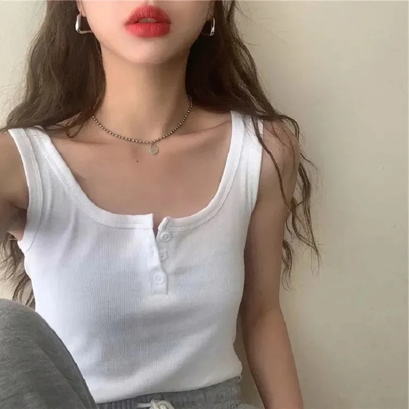 

Women Clothes Cropped Tops Sleeveless Solid button Accessory harajuku vintage Sexy vest Oversized Tank casual fashion Y2K White