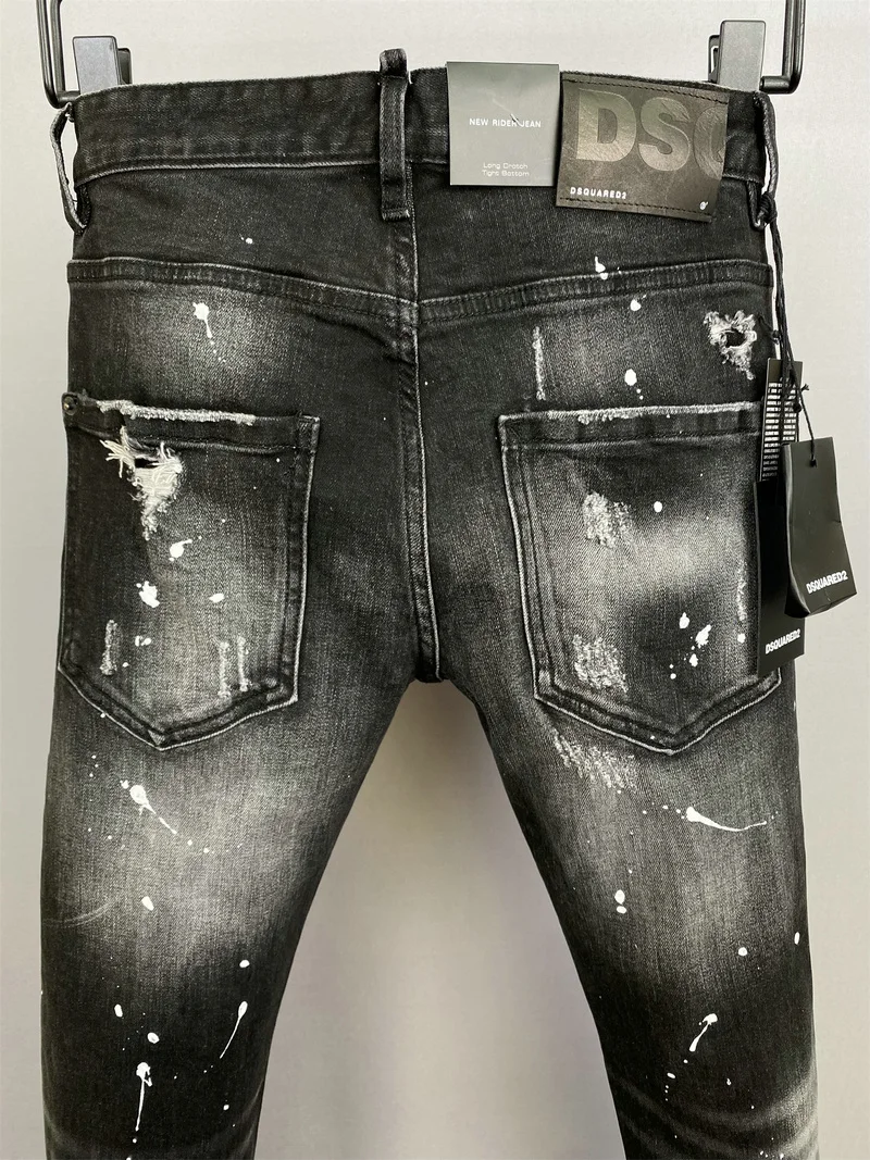 New DSQUARED2 Men's/Women's Washed Hole Patches Paint Distressed Three-Dimensional Cut Slim Stretch Feet Denim Pants 9859