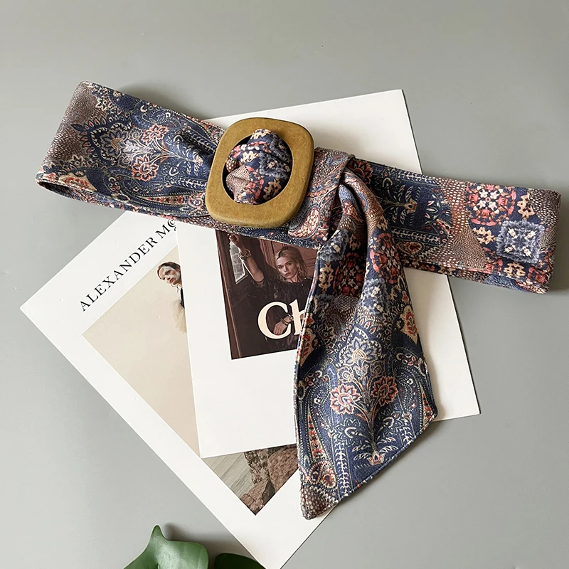 

Женский Длинный двухсторонний ремень, регулируемый пояс с деревянной пряжкой и цветочным принтом