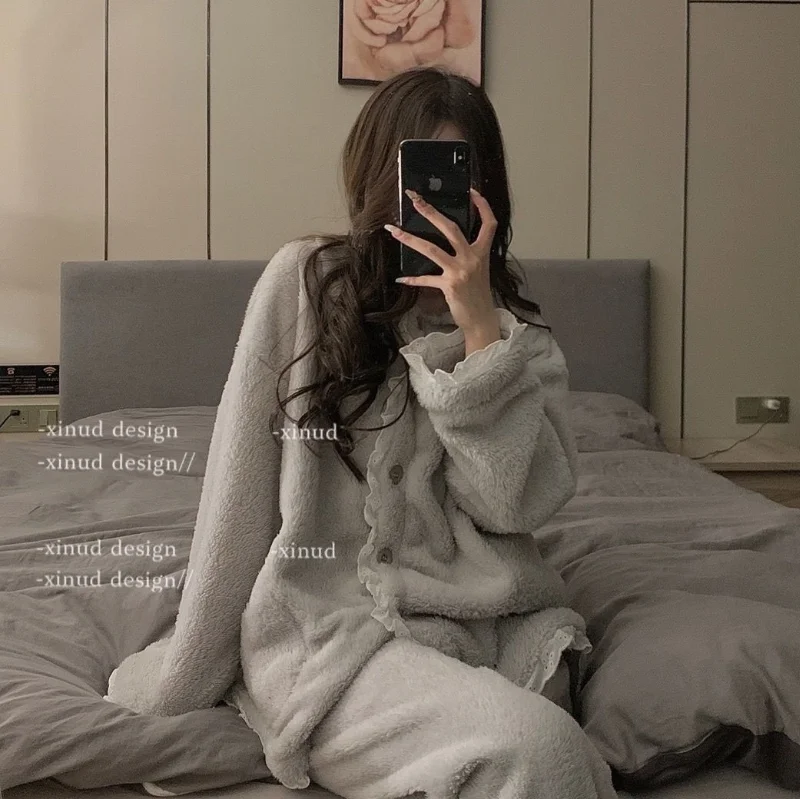 Pajamas Female Winter Ins Net Red Sweet Cardigan Lace Thickened Facecloth Girl Pajama Sets Night Gown Sleep Tops Sleepwear Women