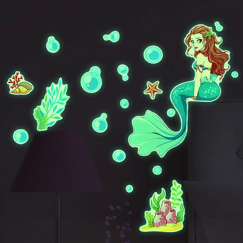 

Luminous Mermaid Wall Stickers Green Light Underwater World Glow In The Dark Fairy Stickers For Kids Room Home Decor Wall Decal