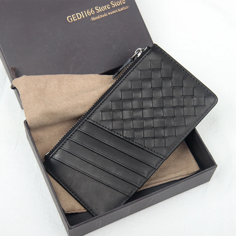 2022 New Men's Zipper Card Case Luxury Brand Wallet Woven Leather Card Holder Large Capacity Fashion Coin Purse Cowhide Bag