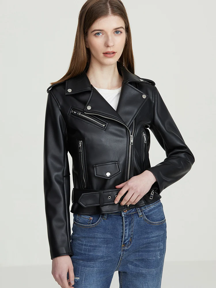 

Ailegogo New Spring Autumn Women Pu Faux Leather Jacket with Belt Streetwear Female Slim Zipper Moto Biker Coat Black Outwear