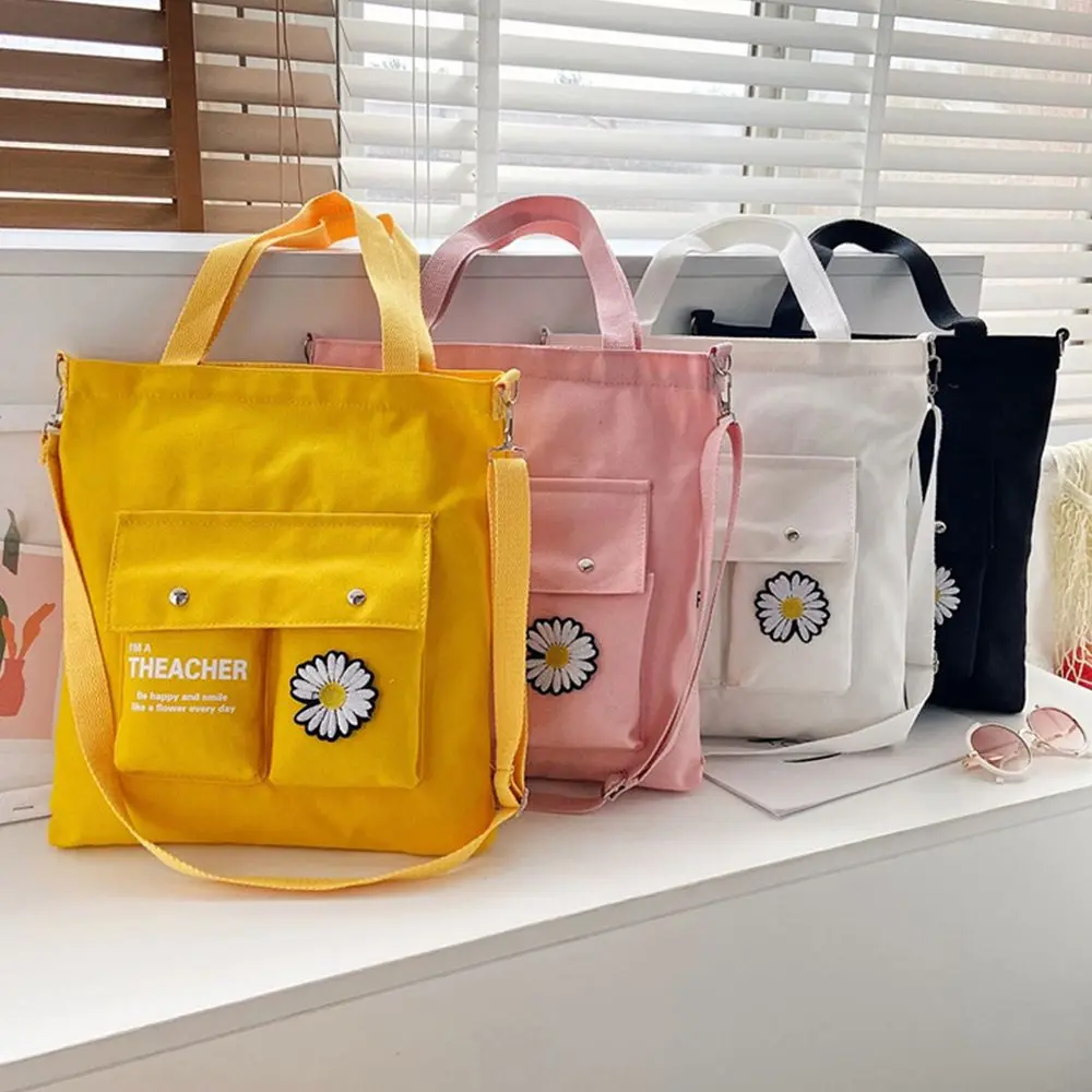 

Сумка на плечо женская с маргаритками, хлопковая холщовая сумочка-тоут на молнии, повседневный вместительный саквояж кросс-боди, клатч-месс...