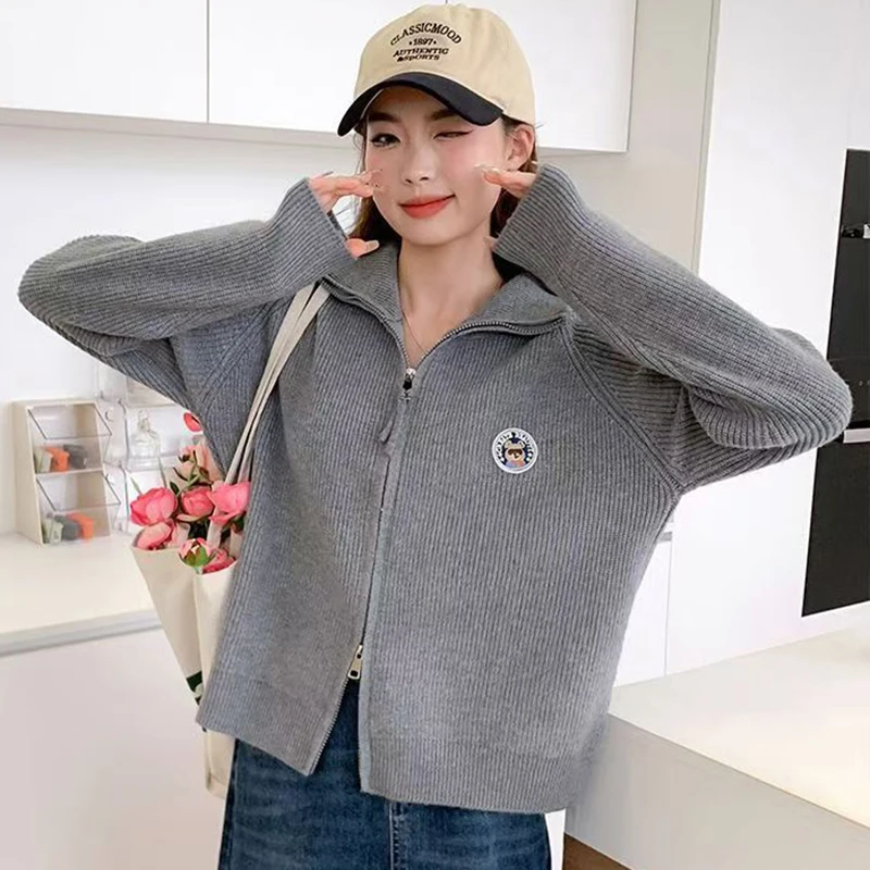 Серый вязаный свитер кардиган женский осенне-зимний новый пальто с отложным
