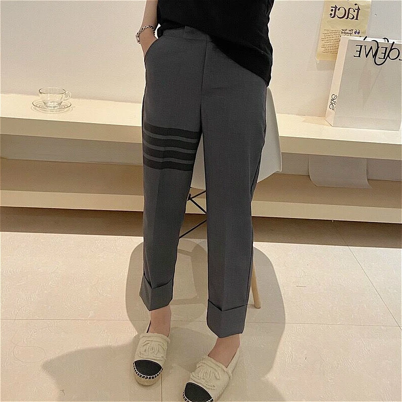 High Quality TB Casual Suit Pants Women's Fashion Korean High Waist Stripe Cropped Pants Loose Thin Grey Foot Smog Pants