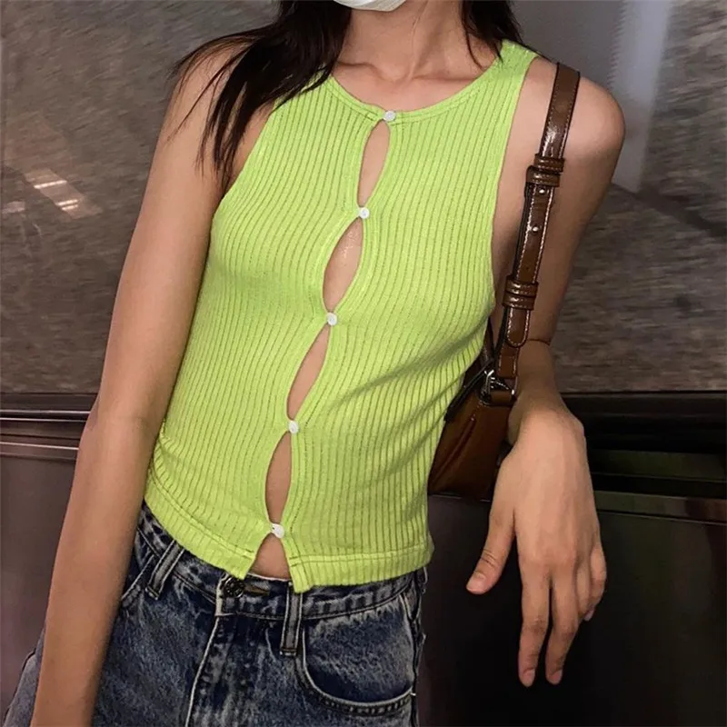 

Женский укороченный топ на пуговицах, однотонная Зеленая майка без рукавов, с вырезами спереди, в стиле 90-х, Y2k, уличная одежда