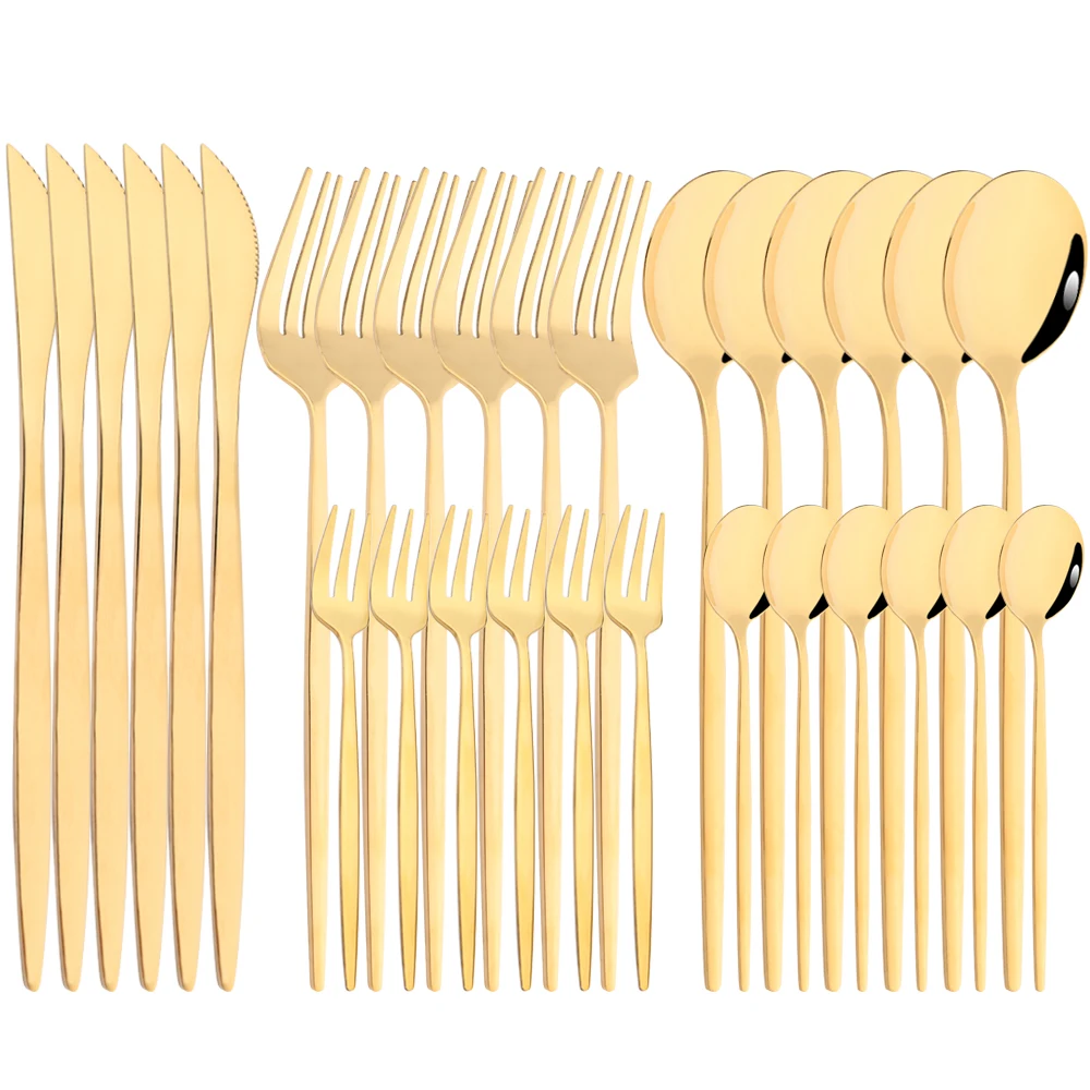 

Drmfiy Gold 30Pcs/Set Stainless Steel Cutlery Set Knife Spoon Fruit Fork Dinnerware Set Dinner Kitchen Tableware Silverware Sets