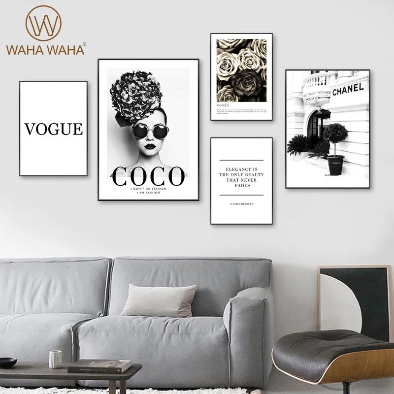 

Fashion Flower Woman Poster and Print Coco Quotes Wall Art Canvas Painting Black White Vogue Pictures for Living Room Home Decor