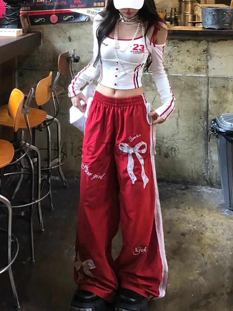Эстетические Y2k Свободные брюки с эластичной резинкой на талии Женские