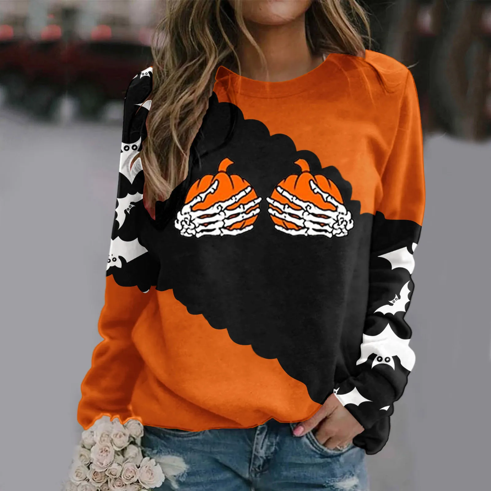 

Womens Halloween Print Sweatshirt Round Neck Tops Outdoor Sports Tracksuits Hoodies Loose Crew Neck Leisure Pullover Sudaderas