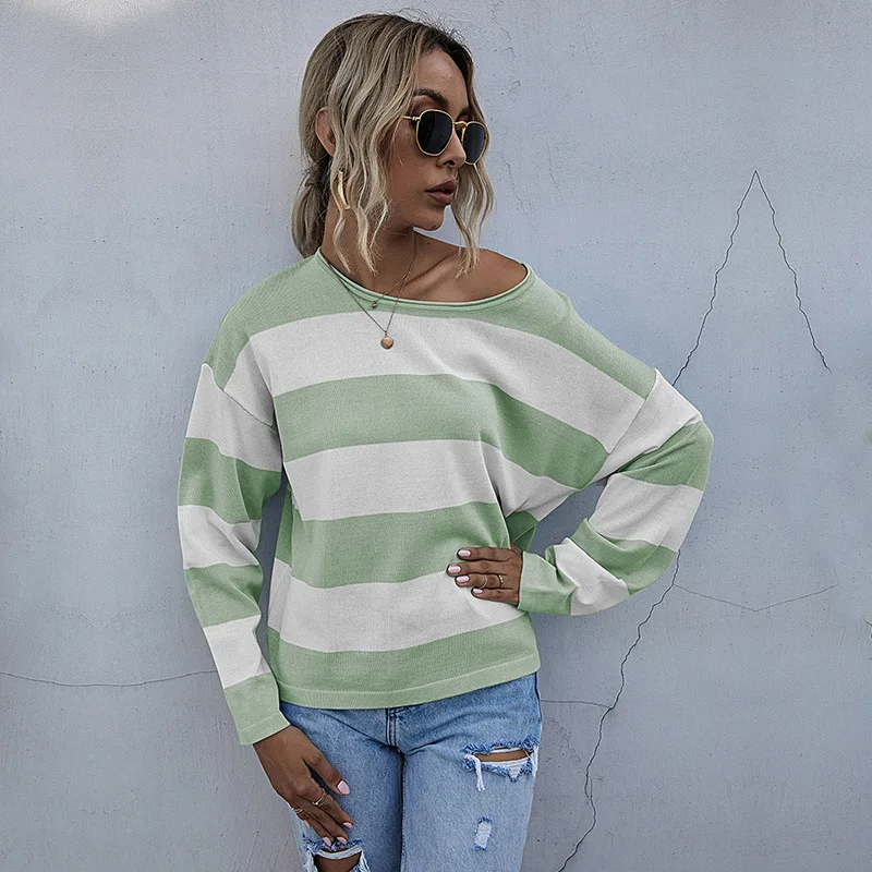 

Women Green and Blue Striped Sweater Tops Green Stripped Sweater with Loose Crew Neck Long Sleeve Knitted Clothing Autumn Winter