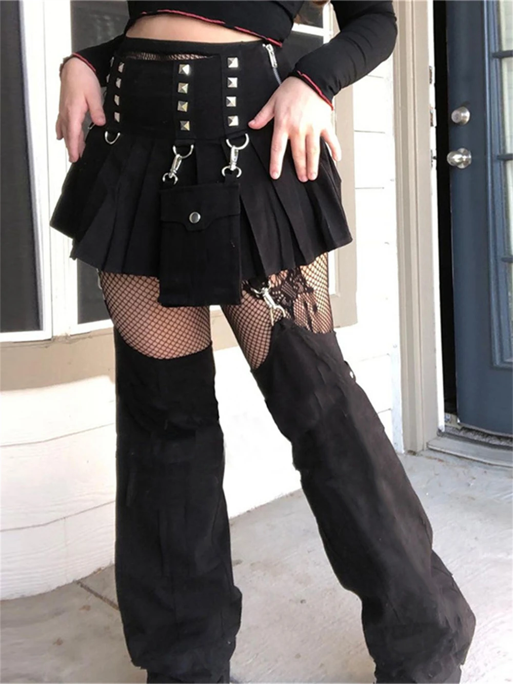 Юбка-карго в стиле Харадзюку штаны гранж и готические ажурные джинсовые брюки