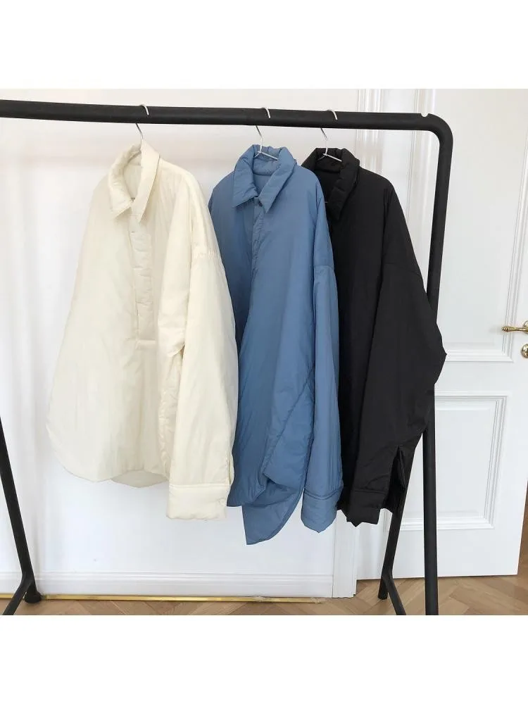 2022 Fall Winter Korean Design Sense Quality Lapel Shirt Style Cotton-Padded Parka Jacket Women Loose White Black Long Warm Coat