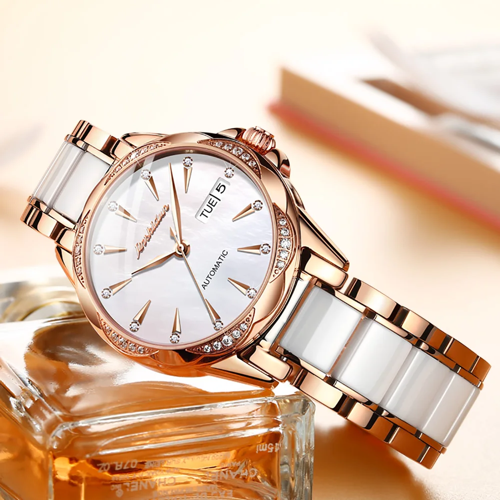 TAXAU Mechanical Watch For Women Luxury Top Brand Stainless Steel Ceramic Strap Rose Gold Diamond Femme Watches reloj mujer