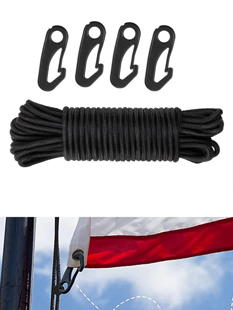 

Flag Rope Nylon Dynamic Rope With 4pcs Clips Black Flagpole Rope Tent Draw Rope For Locking Key Chains Hanging Curtains Flagpole