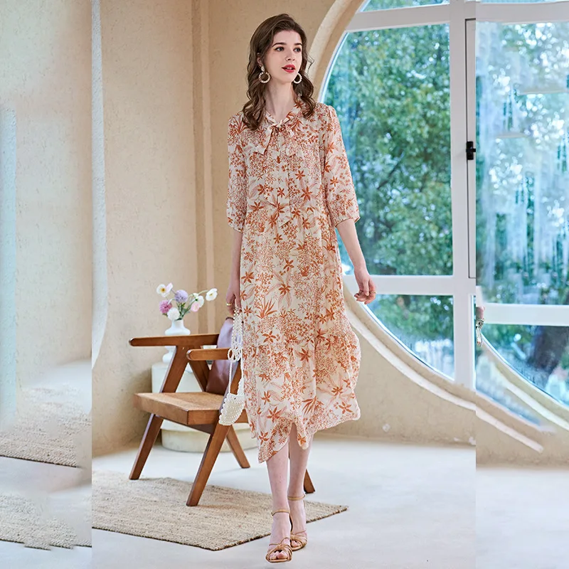 

Women's Blouses Tops Silk Floral Printed Office Formal Casual Dresses Plus Large Size Spring Summer Sexy Orange Chiffon Flower