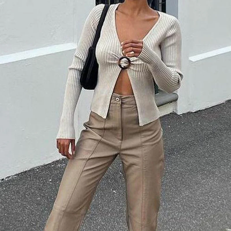 Sexy Ring Split Long-sleeved Slim Long-sleeved V-neck Pit Strip Stitching Short Top Sweater T-shirt Casual Streetwear Aesthetic