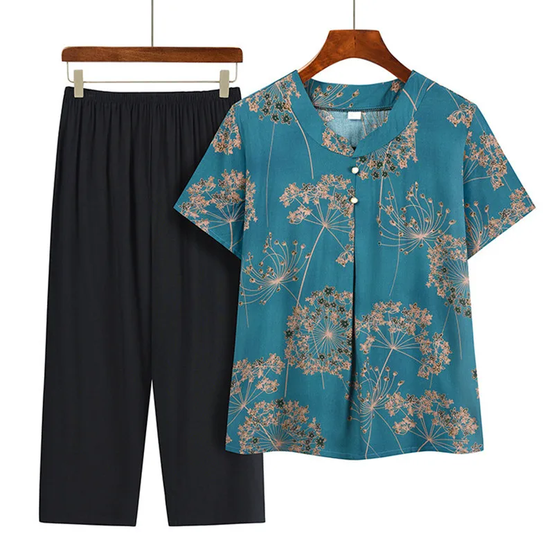 

Comfortable New Middle Aged Mother Two Piece Set Printed Summer Outfits For Women 2023 Short Sleeve Capri Pants Suit