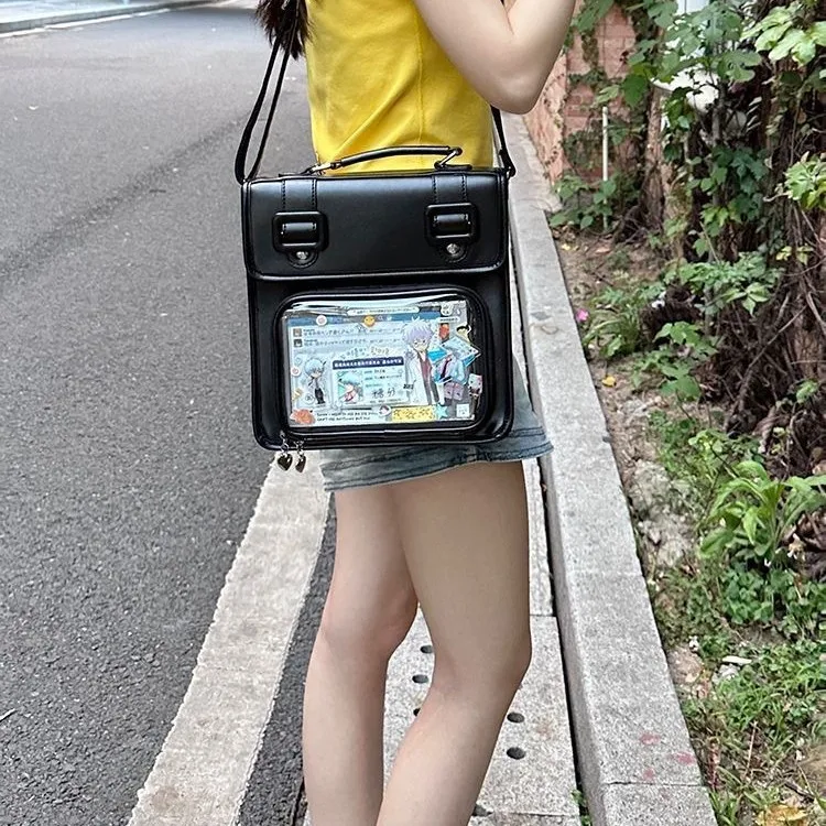 Фото Сумка Ita Bag для женщин, большая вместительная сумка Itabag с прозрачным карманом, из искусственной кожи, с мультяшным принтом, для школы, на каждый день, повседневная, черная №4