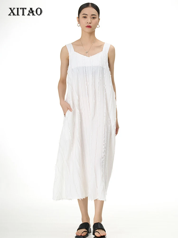 

XITAO Temperament Solid Color Female Sleeveless V-neck Sling Dress Loose Casual 2023 Summer Women All-match Street Dress DMJ1812